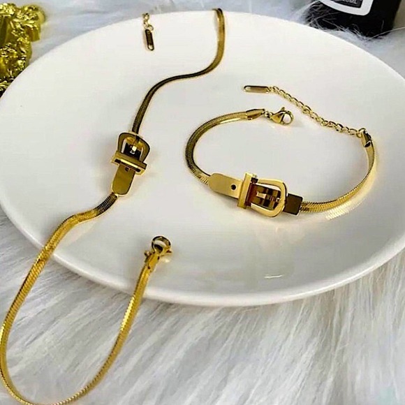 Belt Buckle Design Gold Plated Herringbone Choker Matching Bracelet Set - Picture 2 of 14
